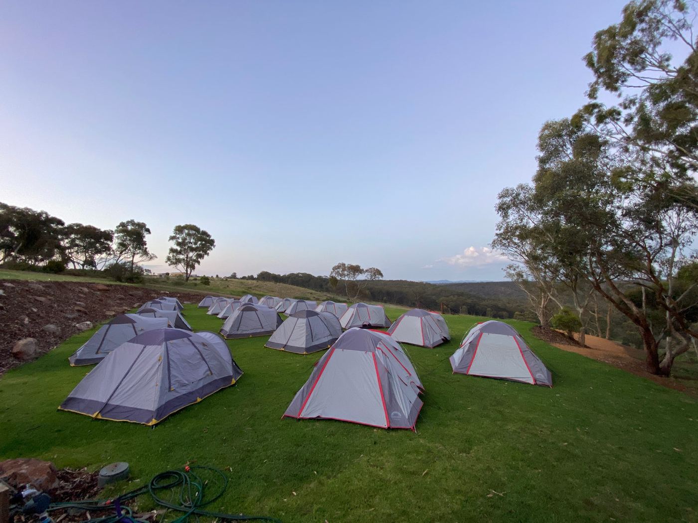 Tents pitched on the lawn at dusk for a school campout