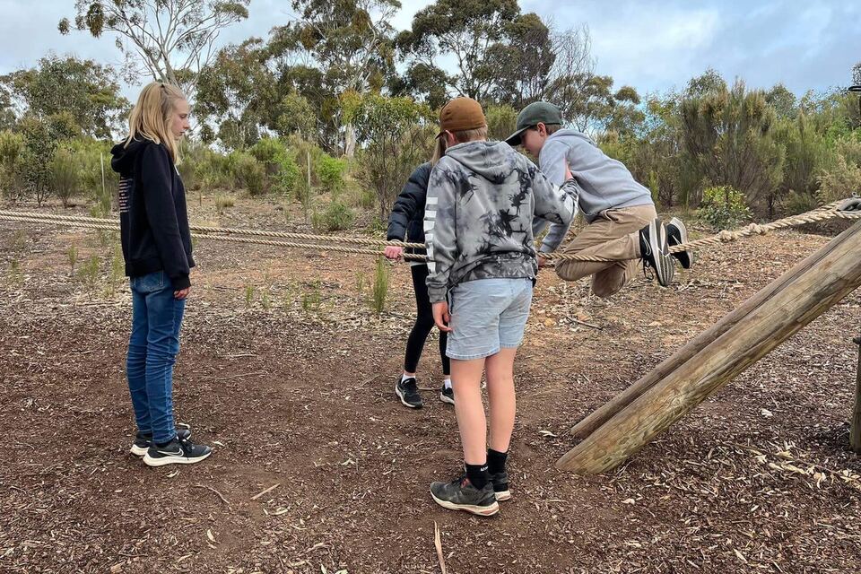 Students balancing on the low ropes course