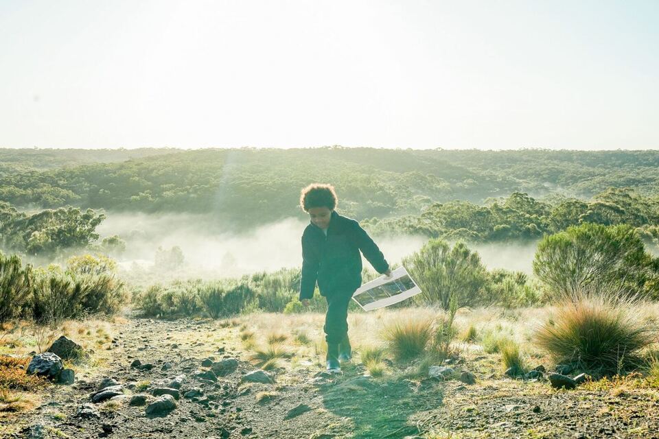 A student exploring the misty morning bushland