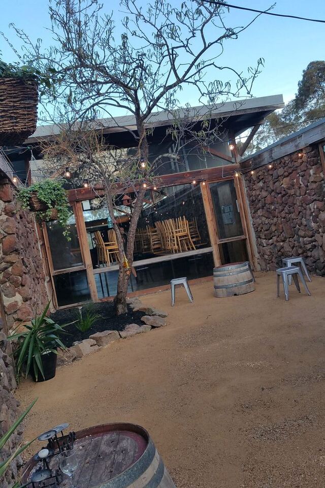 The courtyard set with chairs and greenery by day