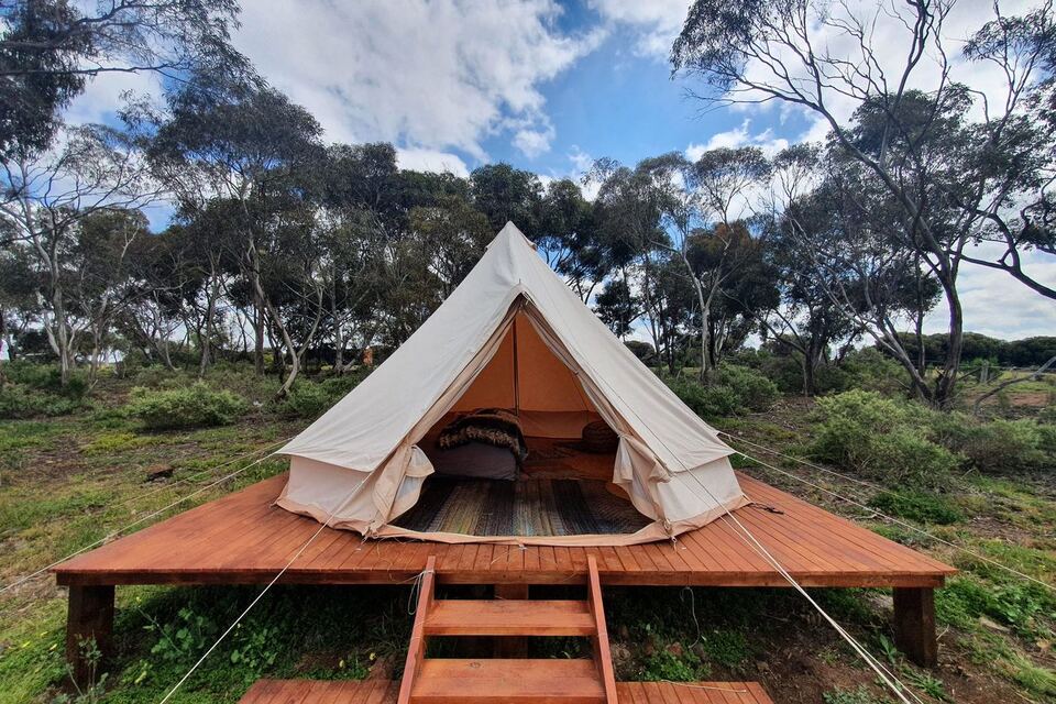 A glamping bell tent on its timber deck