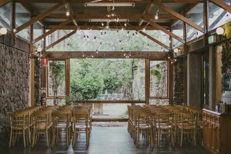 The homestead hall arranged for an indoor ceremony