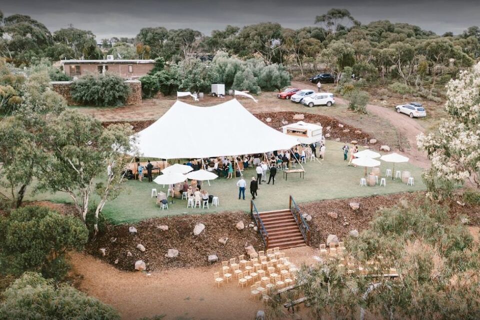 Aerial view of the marquee reception on the lawn
