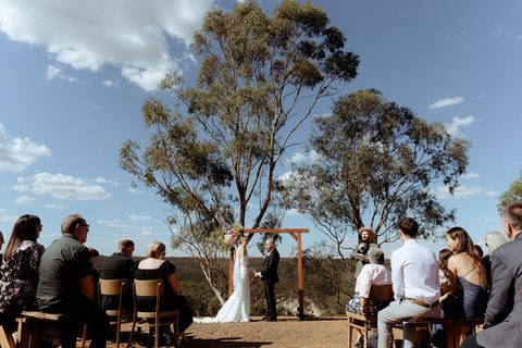 Guests seated for an outdoor ceremony among tall gum trees